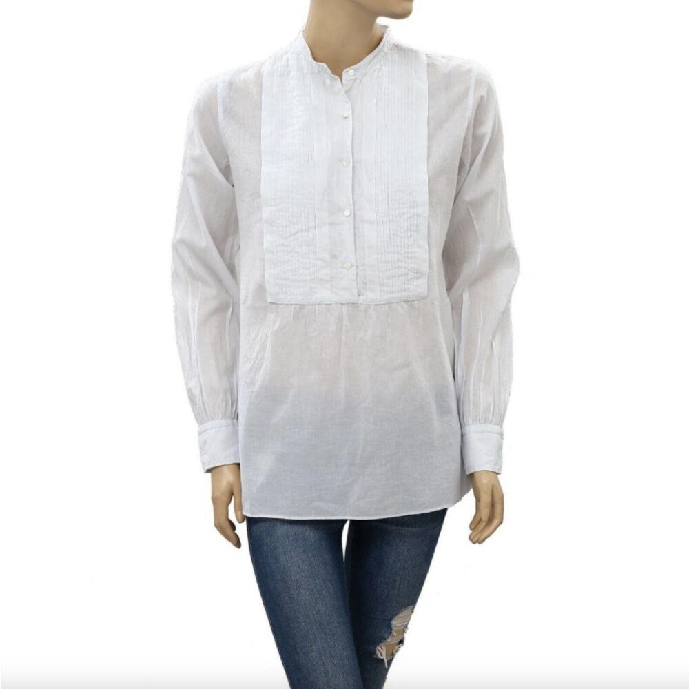 Nili Lotan Collarless Cotton Tuxedo Popover Tunic Off White Medium